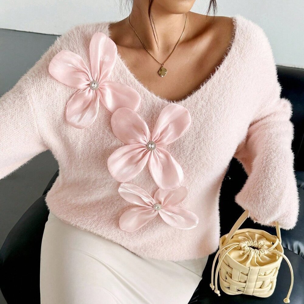 Pink Casual Women's V-Neck Loose Floral Embellished Long Sleeve Knit Sweater